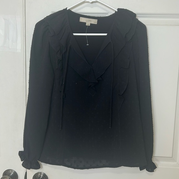 LOFT Solid Black Dot Swiss Long Sleeve Ruffle Detail Top size small petite - Picture 1 of 6
